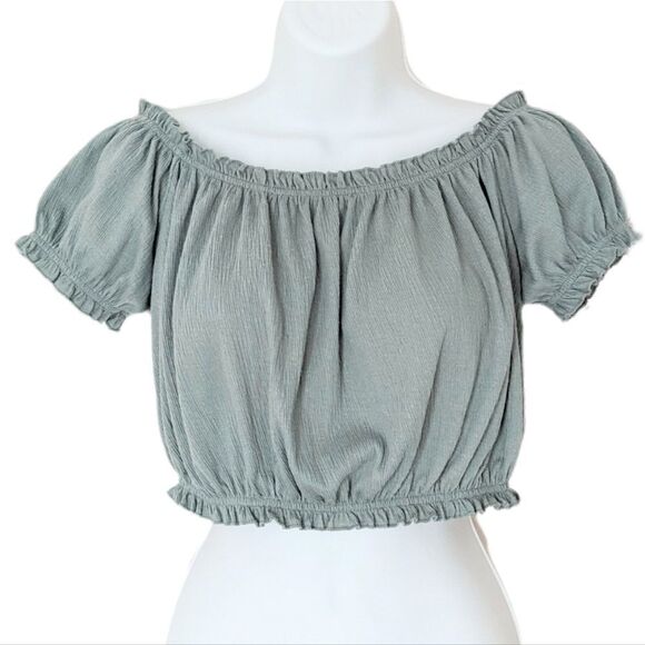 H&M Sage green puff sleeve crop top textured size Medium @F1 - Picture 1 of 10